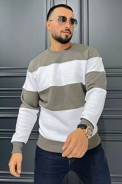 MİSHAR İTALİA Ανδρικό φούτερ Khakibeyaz Crew Neck με τρεις κλωστές ανασηκωμένο χρώμα