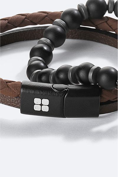Avva Men's Brown 2-Piece Bracelet - 100% Leather and Agate Stone A41Y9611