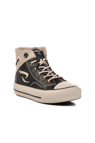 WALKWAY Black-Beige Ankle Length Children's Sneakers with Fur Inside Walkway 005-F