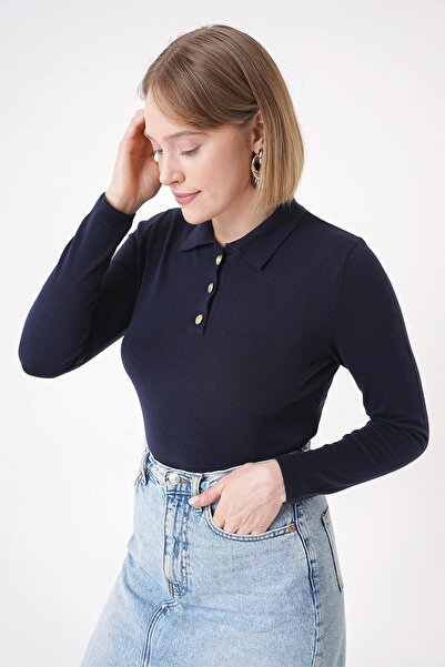 CHUBA Women's Soft Textured Gold Buttoned Polo Collar Knitwear Sweater Navy Blue 25W3012