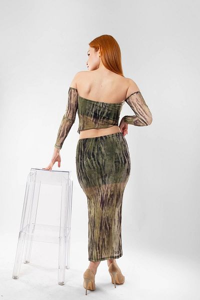 Bak Moda Cross Cut Detailed Lined Tulle Green Skirt Blouse Set