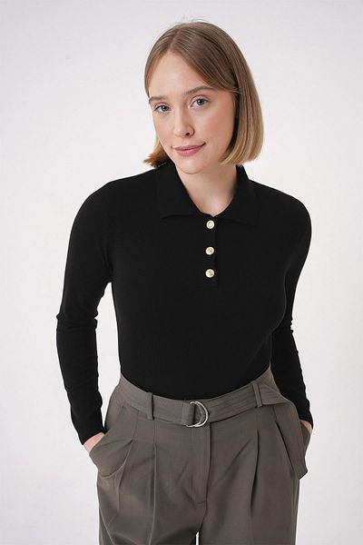 CHUBA Women's Soft Textured Gold Buttoned Polo Collar Knitwear Sweater Black 25W3012