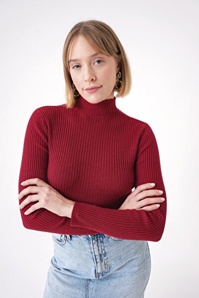 CHUBA Women's Soft Textured Ribbed Regular Fit Turtleneck Knitwear Sweater Red 25W3011