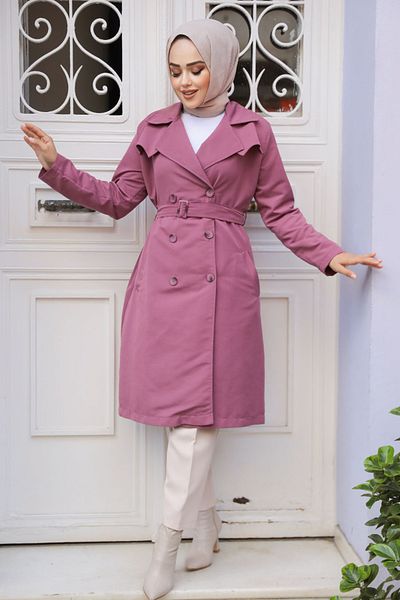 Neva Style Dried Rose Belted Hijab Trench Coat - 61221Gk