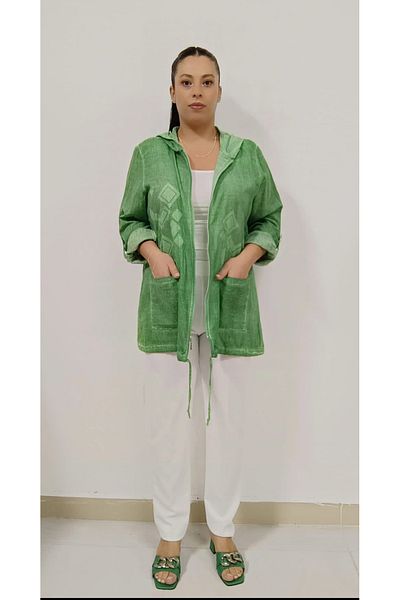 AKŞEN GİYİM Plus Size Women's - Cotton Linen Embossed, Name Printed, Two Pockets, Hooded and Zippered Jacket