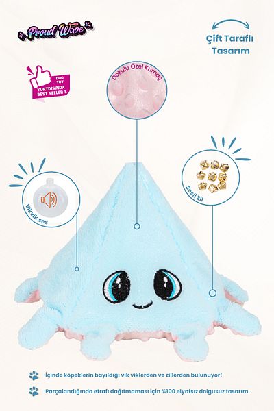 Proud Wave Double Sided Plush Octopus Dog Toy with Bell - Sound and Traction Effect
