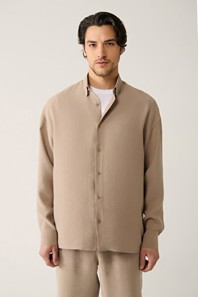 Avva Erkek Bej Soft Touch Alttan Britli Yaka Soft Touch Oversize Fit Gömlek A41Y2168