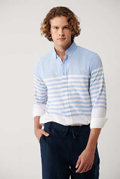 Avva Erkek Mavi Düğmeli Yaka Pano Çizgili Slim Fit Gömlek A41Y2190