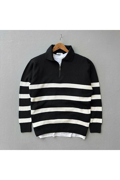 viperkombin Striped Half Zipper Comfortable Fit Knitwear Sweater