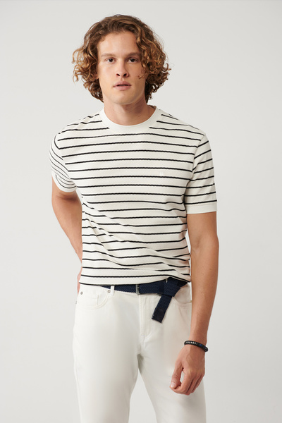 Avva Men's White Crew Neck Striped Cotton Regular Fit T-Shirt A41Y1066