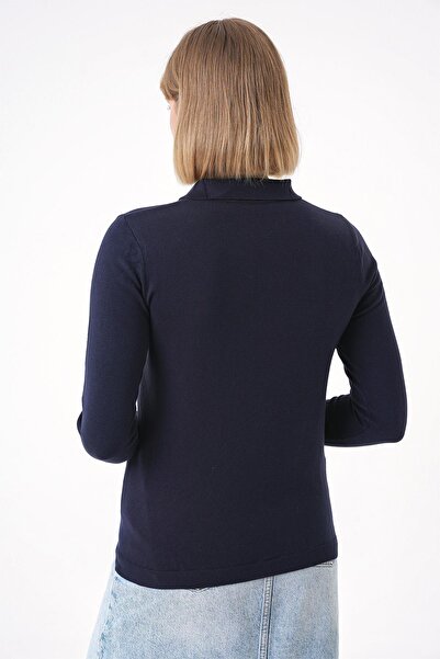 CHUBA Women's Soft Textured Gold Buttoned Polo Collar Knitwear Sweater Navy Blue 25W3012