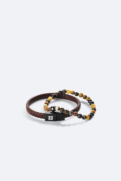 Avva Men's Brown 2-Piece Jewelled Bracelet - 100% Leather A41Y9605