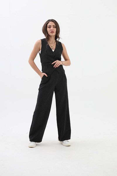 VAPUR TEKSTİL Black Striped Vest - with Pocket Details