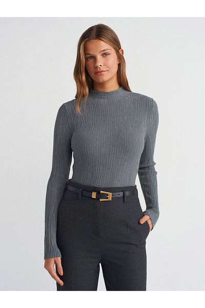 Dilvin 10631 Stand Collar Thin Textured Knitwear Sweater-Smoked