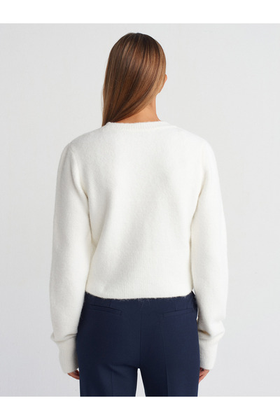 Dilvin 60273 V-Neck Buttoned Knitwear Cardigan-Ecru