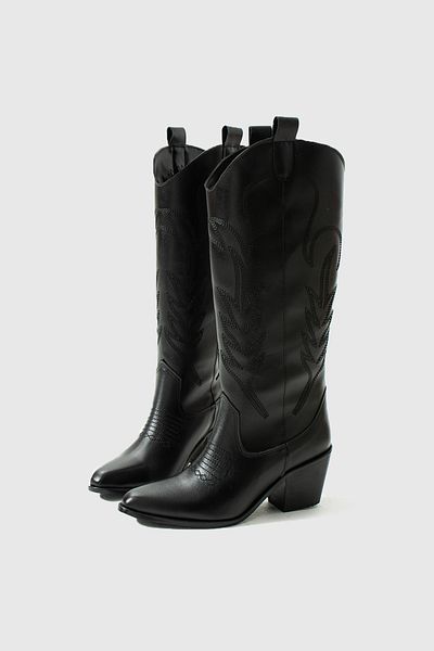 Feyz istanbul Western Style Black Leather Embroidered Women's Boots - Teksas