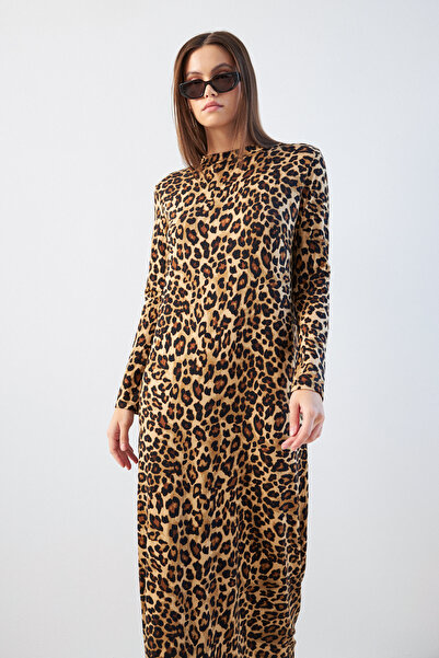 Bipantolon Γυναικείο μακρυμάνικο φόρεμα σε καφέ κουκκίδα λεοπάρ στάμπα με μισό ζιβάγκο