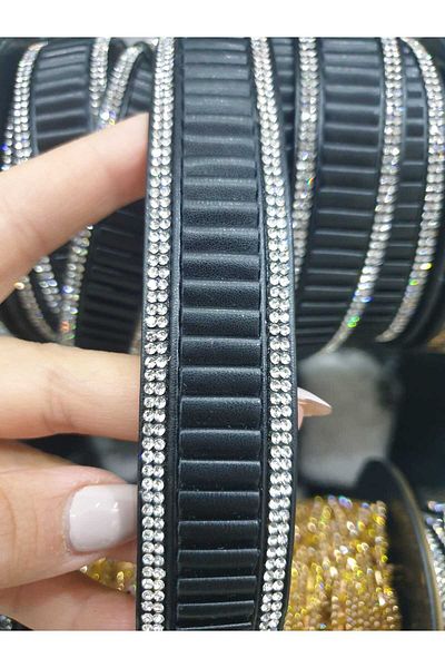 ESRA ŞELEM Black Leather Decorative Strip - Edge Stone Detail, Sewing Accessory, Clothing Applique Hobby