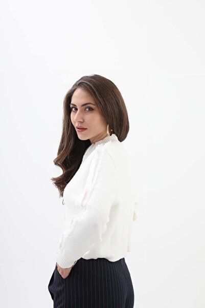 VAPUR TEKSTİL Ecru Color Oval Zippered Cardigan