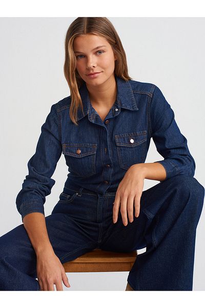 Dilvin 50743 Draped Fabric Basic Denim Shirt-Navy Blue