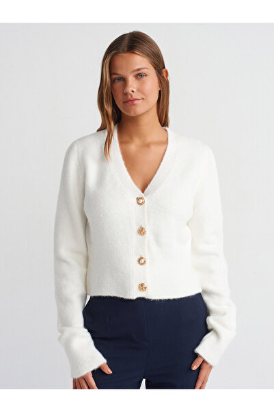 Dilvin 60273 V-Neck Buttoned Knitwear Cardigan-Ecru