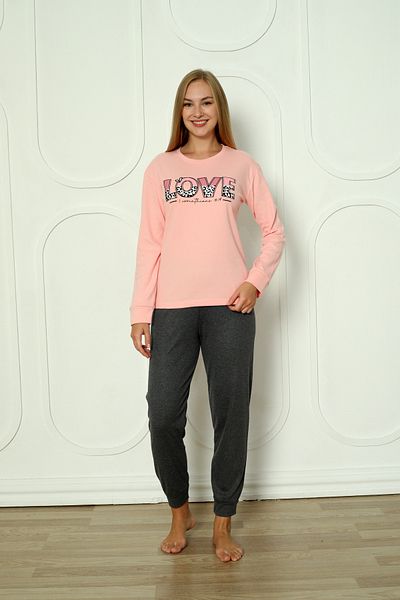 Wordex Fwn 04-3011 Interlock Fabric Love Printed Winter Home Women's Pajamas Set