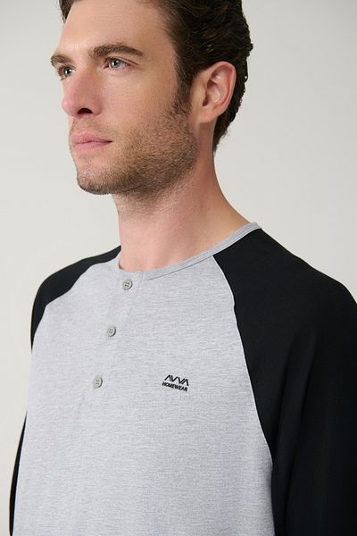 Avva Men's Black Buttoned Bomber Collar Cotton Special Boxed Pajamas Set E 003306