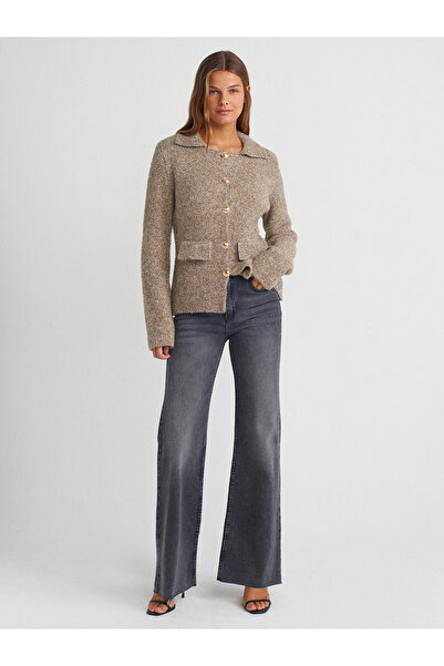 Dilvin 60265 Polo Neck Mink Knitwear Cardigan - με κουμπιά και λεπτομέρεια τσέπης