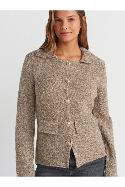 Dilvin 60265 Polo Neck Mink Knitwear Cardigan - με κουμπιά και λεπτομέρεια τσέπης