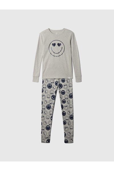 GAP Kız Çocuk Gri Organik Pamuk Grafikli Pijama Takımı