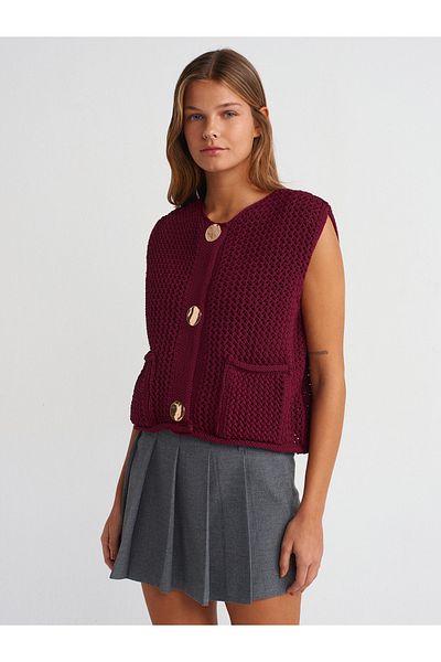 Dilvin 60274 Crew Neck Pocket Buttoned Knitwear Vest-Burgundy