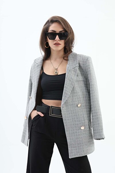 VAPUR TEKSTİL Square Pattern Double Breasted Collar Jacket - Gray