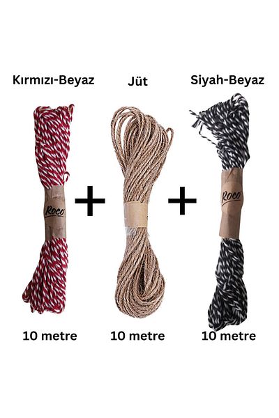 roco paper Set of 3 Jute Rope-Red White-Black White Rope, Gift Wrapping, Christmas Decoration Ropes, 3X10 Meters