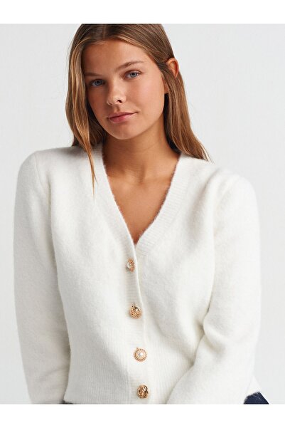 Dilvin 60273 V-Neck Buttoned Knitwear Cardigan-Ecru