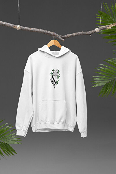 NURLAND White and Black Palestine Printed Hooded Sweatshirt Hoodie