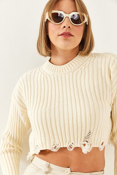 Bianco Lucci Pulover crop de damă cu detalii rupte 85001006
