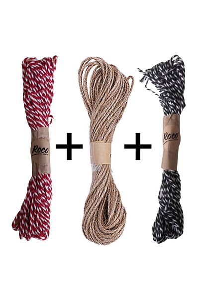 roco paper Set of 3 Jute Rope-Red White-Black White Rope, Gift Wrapping, Christmas Decoration Ropes, 3X10 Meters
