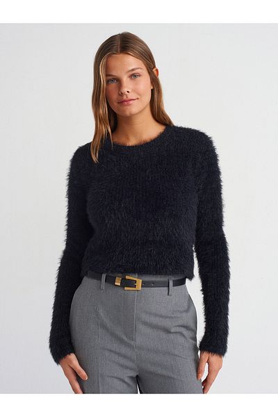 Dilvin 10659 Crew Neck Soft Textured Shiny Knitwear Sweater-Black