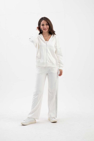 VAPUR TEKSTİL Ecru Hooded Three Thread Knitted Set - Accessory Detailed