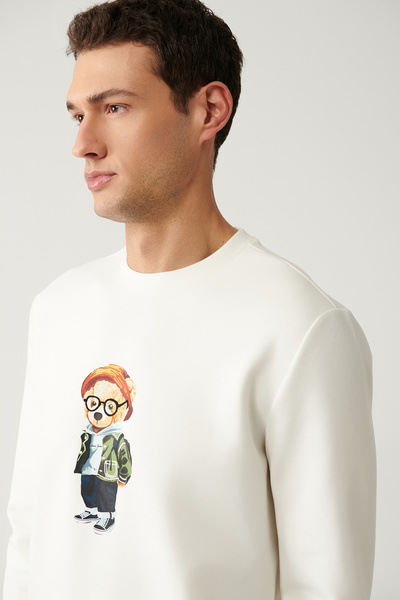 Avva Erkek Ekru Bisiklet Yaka İnterlok Baskılı Regular Fit Sweatshirt A41Y1248