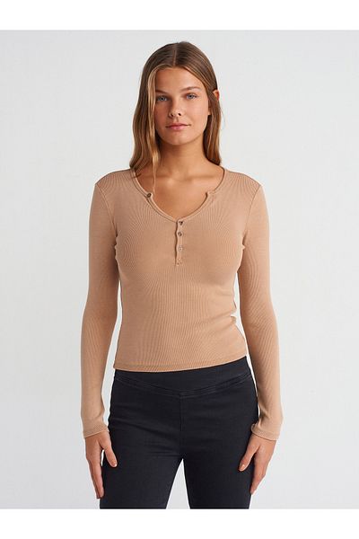 Dilvin 31158 Model Top-Beige Color Washing Effect