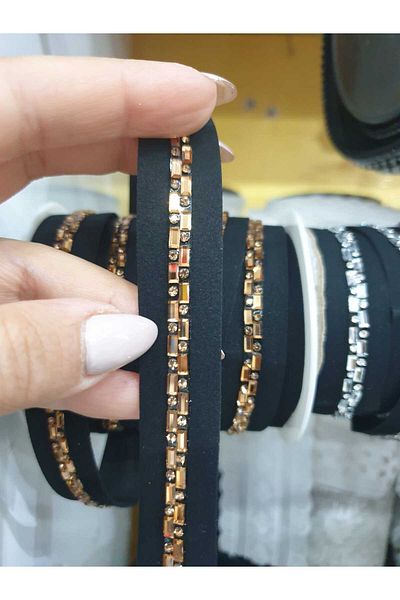 ESRA ŞELEM Black Decorative Strip - Gold Stone Detailed, Sewing Accessory Clothing Applique Hobby