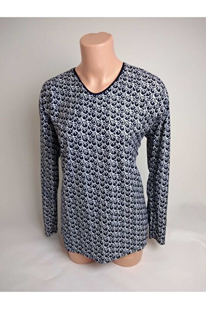 YAŞAR TRİKO تي شيرت من جلد الغزال بفتحة رقبة على شكل حرف V باللون الأزرق الدا...