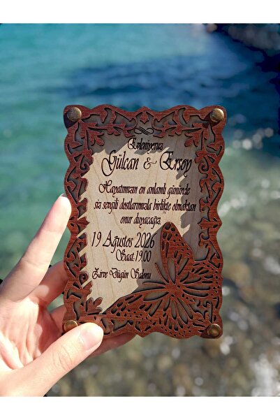 Ahşap Yolculuğu Kelebek Modelli Ahşap Düğün - Nişan Davetiyesi (10 Adet)