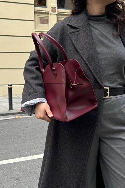 LEONAS XL Size Leather Accessory Detailed Zippered Women's Hand and Shoulder Bag Roman Claret Red