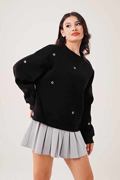 Hipo Trend Three Thread Bird Eye Detailed Black Sweatshirt
