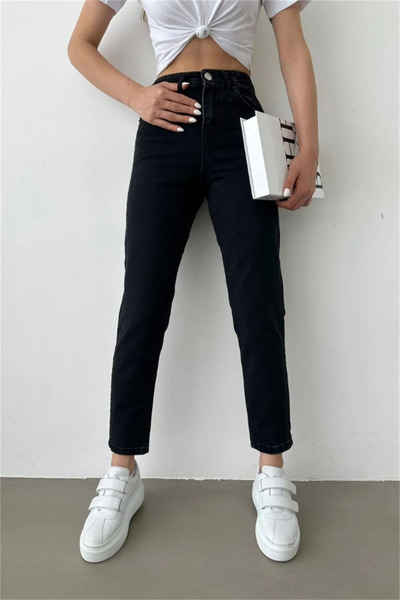 MAKRAS EXCLUSIVE Capella Non-Fading Black Washed Jeans High Waist Lycra Mom Jeans Jeans