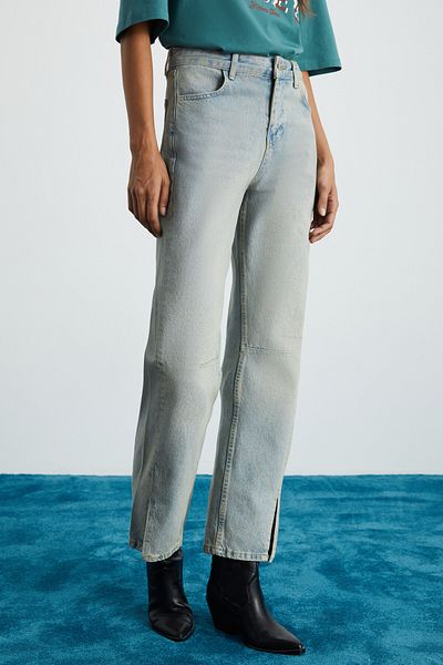 GRIMELANGE Heyley Women's Denim Wide Cut 100% Cotton Jeans Blue Jeans with Stitched Sides and Slits