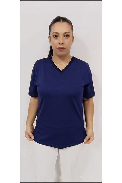 AKŞEN GİYİM LARGE SIZE COLLAR MERCERIZED KNITWEAR LACE DETAIL V-NECK SHORT SLEEVE MOTHER BLUZ