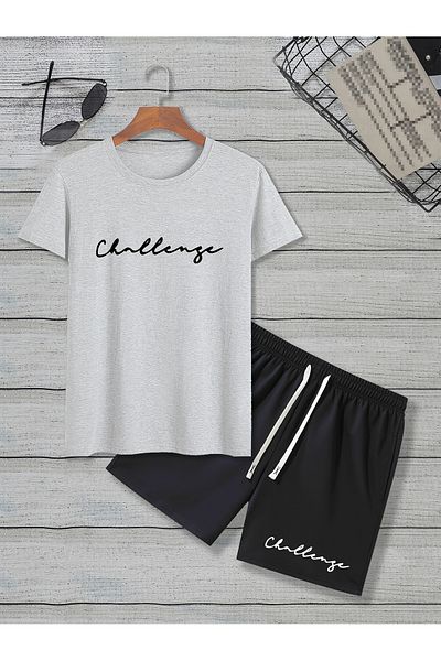 Moda Glo Ανδρικό γκρι μαύρο Oversize Challenge εμπριμέ μπλουζάκι και σορτς - Crew Neck